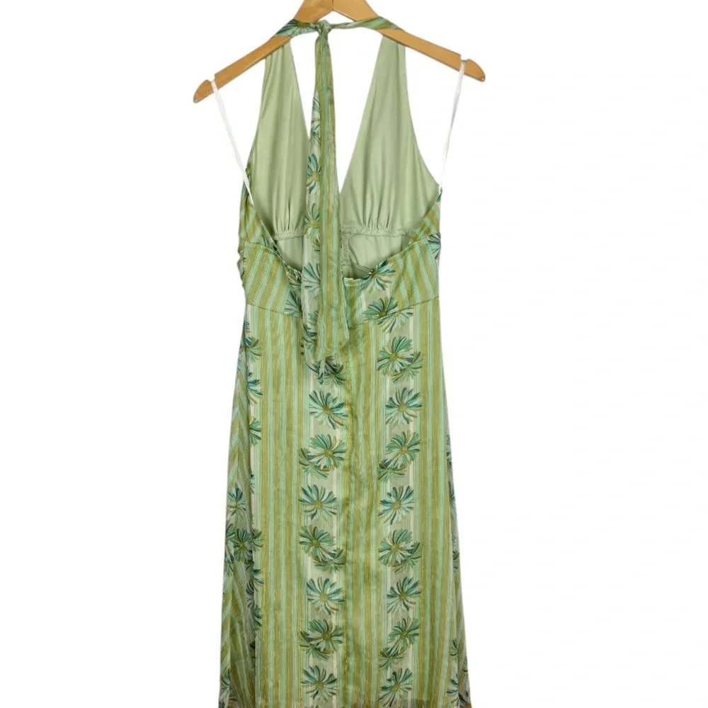 A.P.N.Y Halter Midi Dress Size 10 Green Floral Gold Metallic Fairy Y2K - Picture 2 of 7